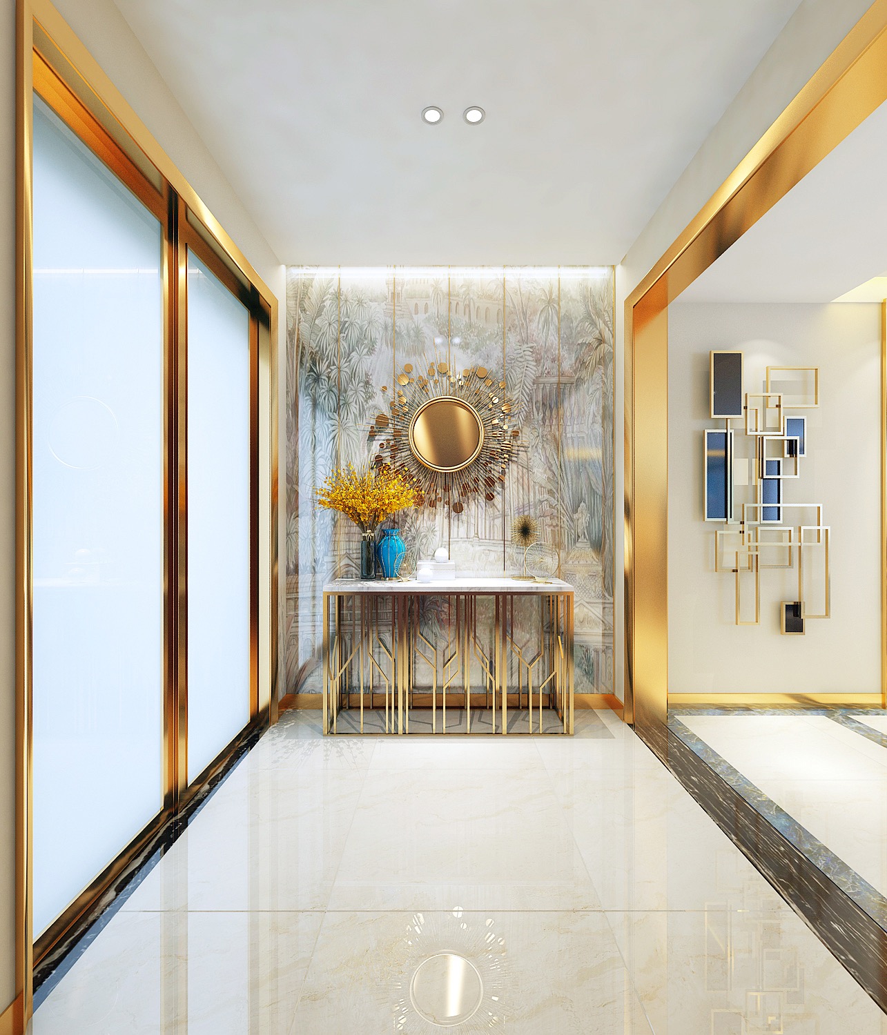 這個(gè)是在入戶門的玄關(guān)展示 對(duì)面陽(yáng)臺(tái)的落地玻璃窗,整體線條是金屬_裝修美圖-新浪家居